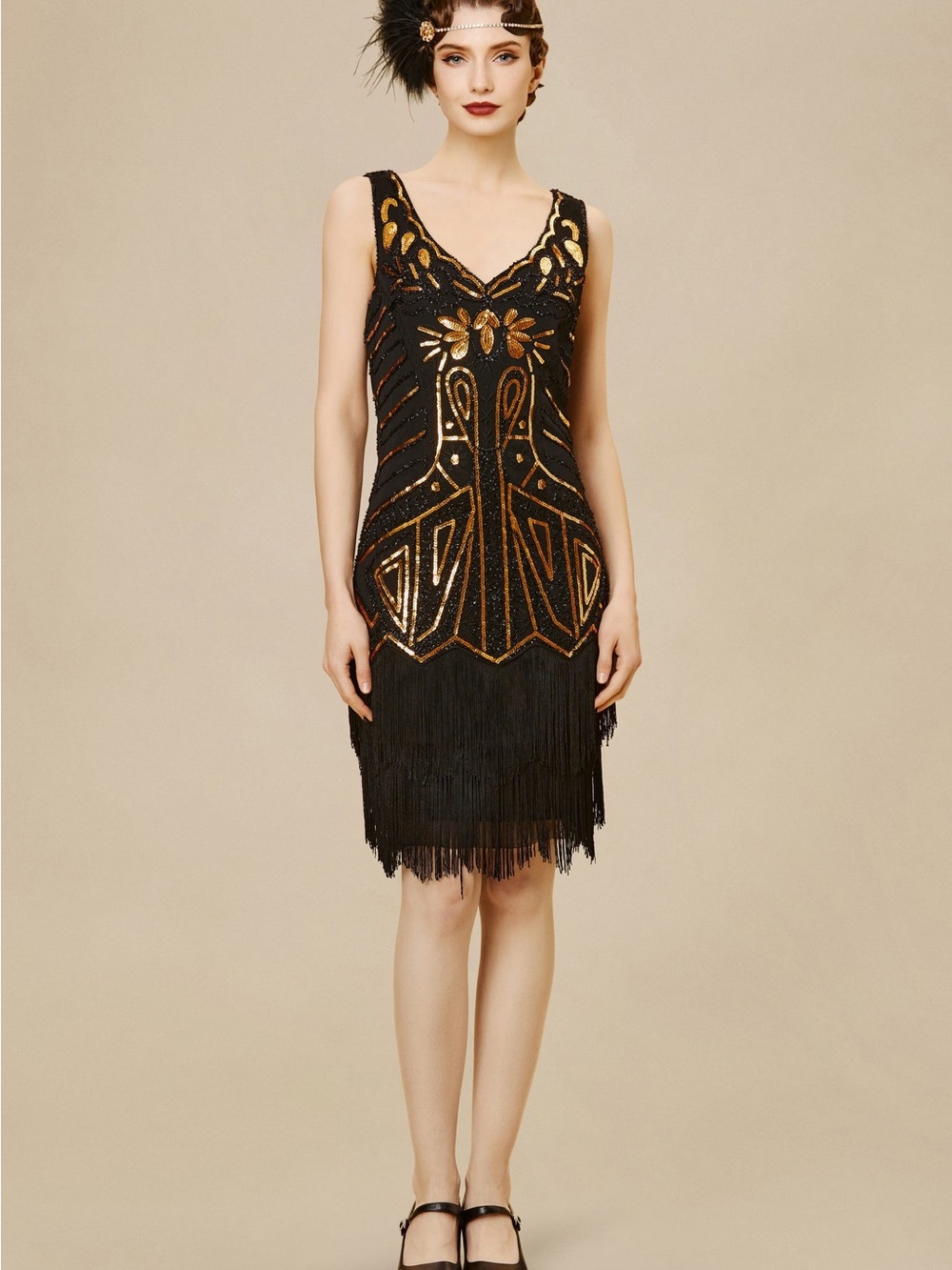 Babeyond Black & Gold Art Deco Fringe Cocktail Dress flapper costume sequins
